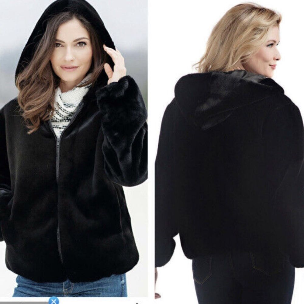 Donna Salyers Fabulous Fur Coat Jacket Full Zip Hoodie Black Pockets Oversized